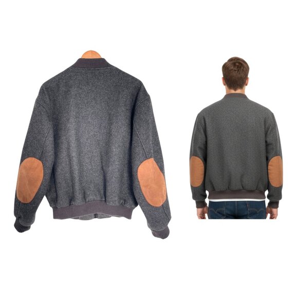 Vintage Eddie Bauer Bomber Jacket Men Large 80s 90s Gray Wool Elbow Patch - Picture 2 of 14